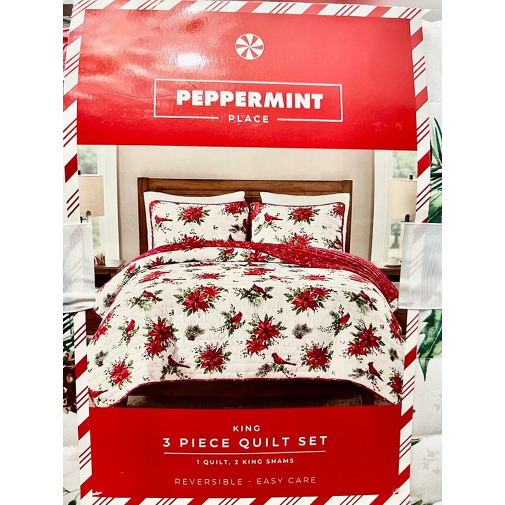 Christmas Holiday reversible holiday 3 piece king size quilt set with cardinals